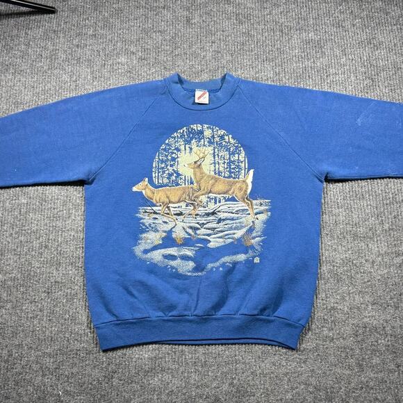 Vintage Reindeer Nature Sweatshirt Mens L Blue 90s Animals USA Made - Picture 2 of 8